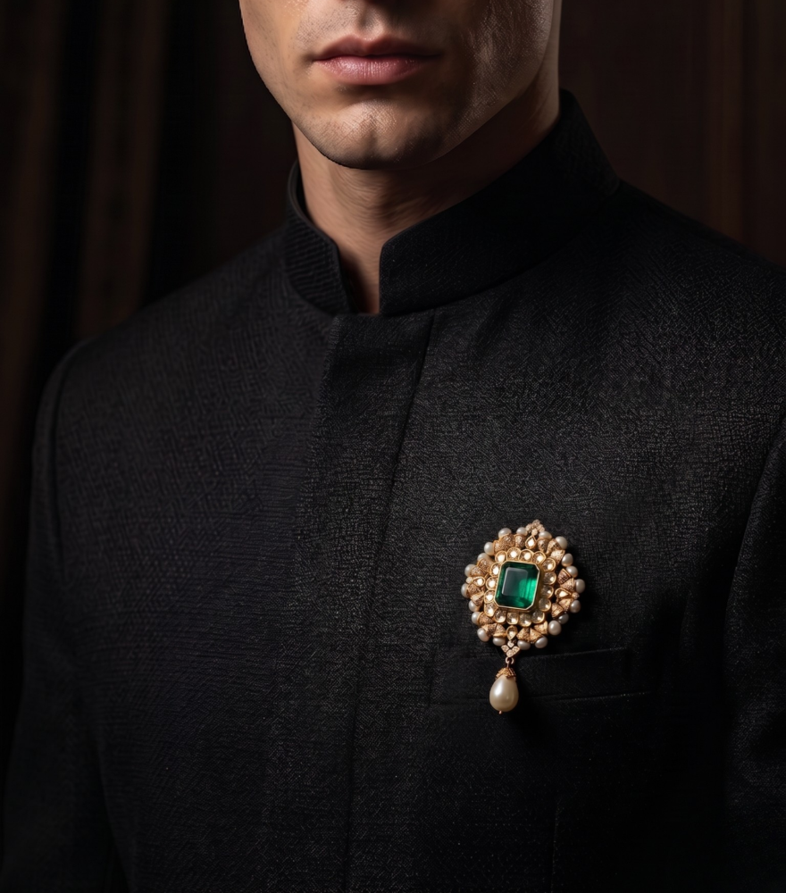 Model Wearing Vihaan Brooch in Sterling Silver Comfort Fit 18k Gold Plated 925 One Size 14.3gms Mix Metal