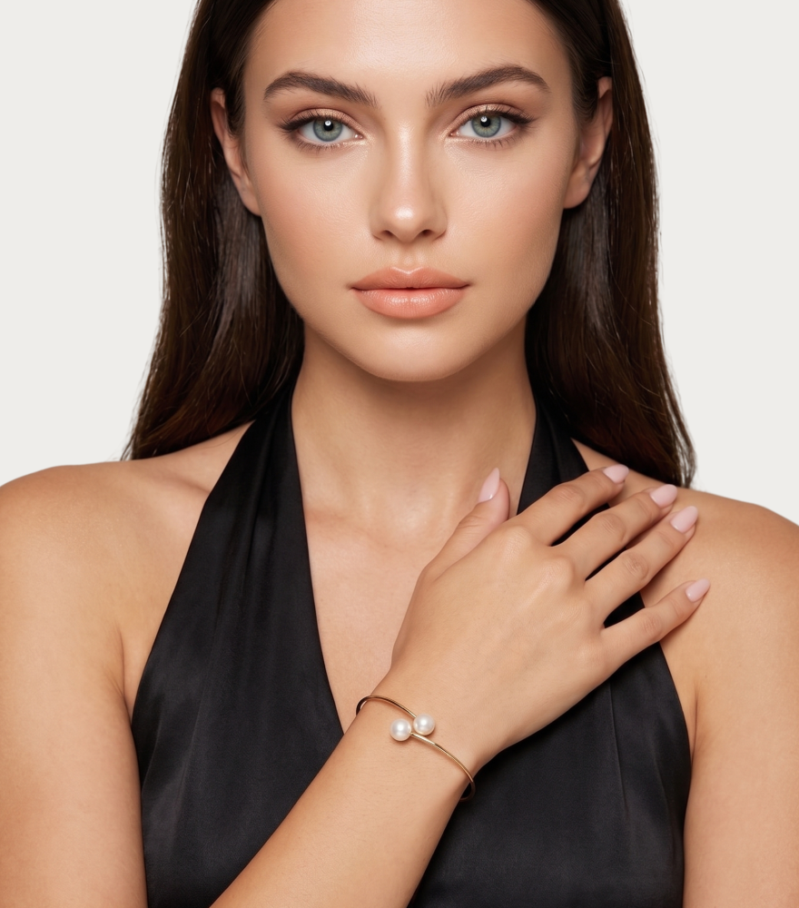 Alternate View of Model Wearing Pearla Bangle in 18K Gold Open-Adjustable-Resizable 18k Yellow with Hallmark Stamp One Size 4.1gms