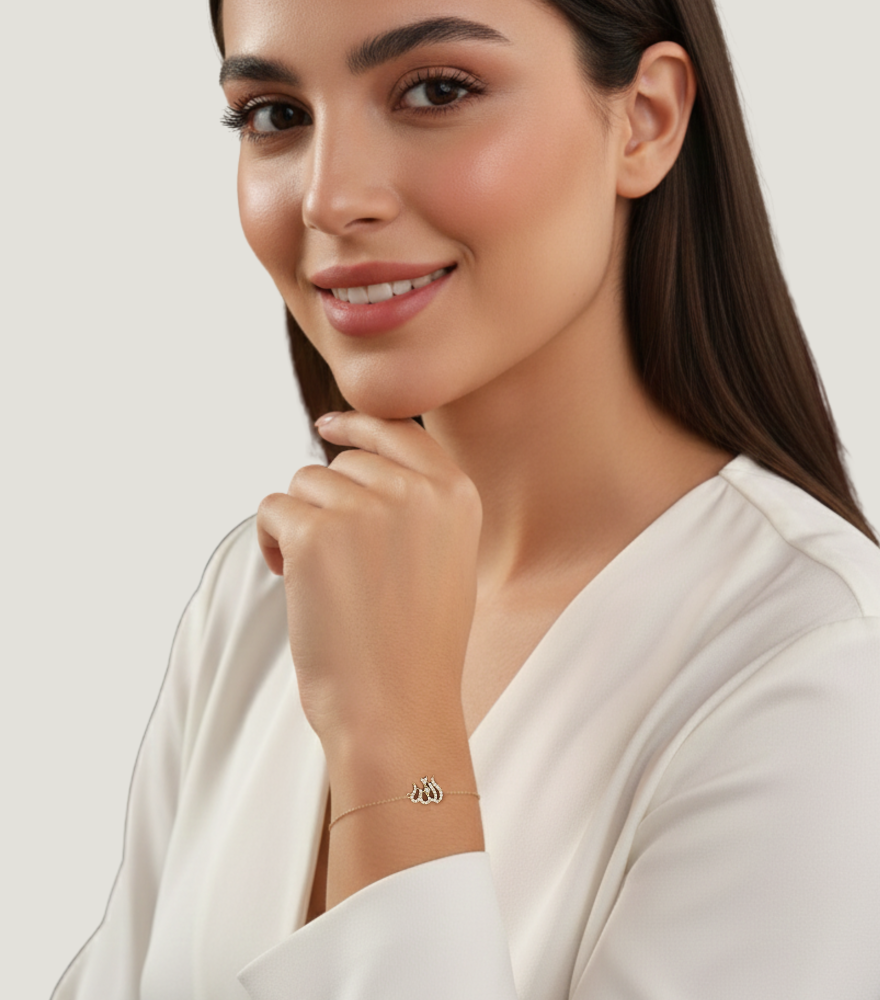 Alternate View of Model Wearing Allah Bracelet in 18K Gold Comfort Fit 18k Yellow with Hallmark Stamp 7 inches 1.1gms
