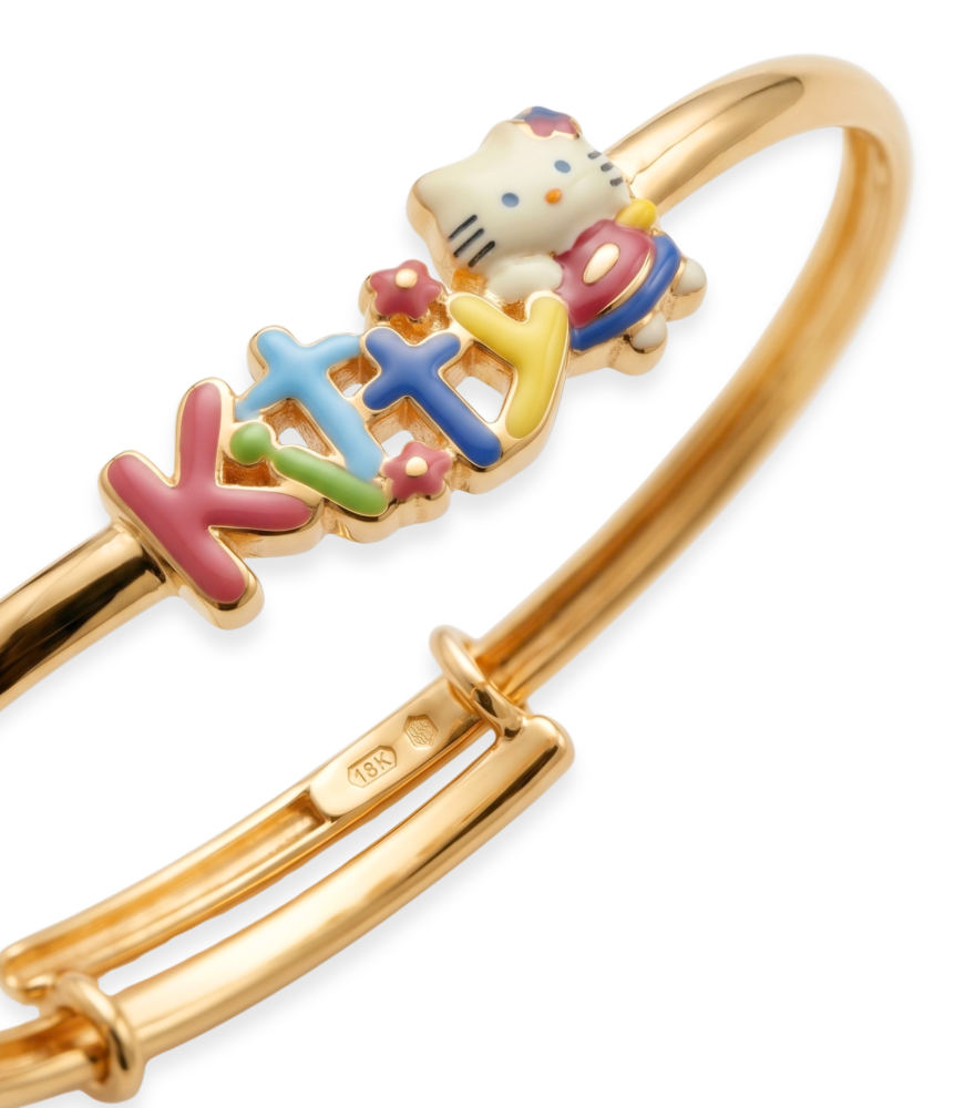 Closeup of Cleo Kitty Bangle in 18k gold Open-Adjustable-Resizable Yellow Gold with Hallmark Stamp Metal One Size 2.7gms