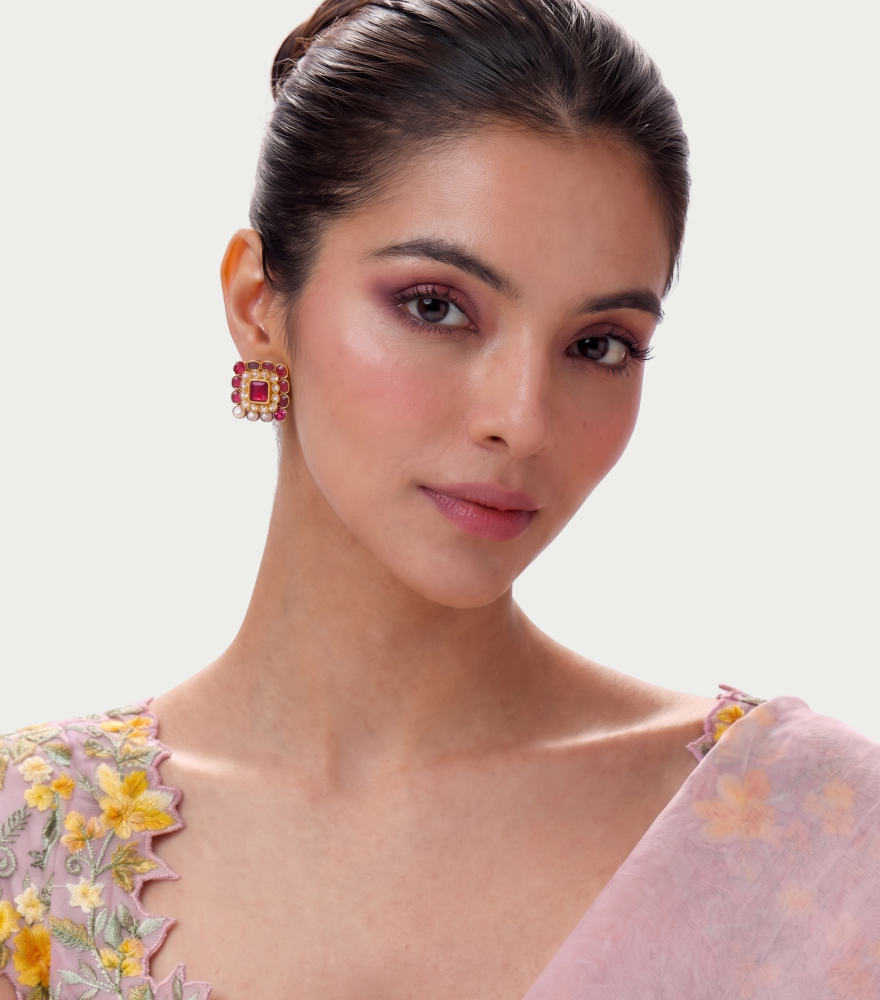 Alternate View of Model Wearing Tanu Uncut Polki Earrings in Gold Jewelry for Pierced Ears 18k Yellow with Hallmark Stamp Metal Stone One Size 6.1gms