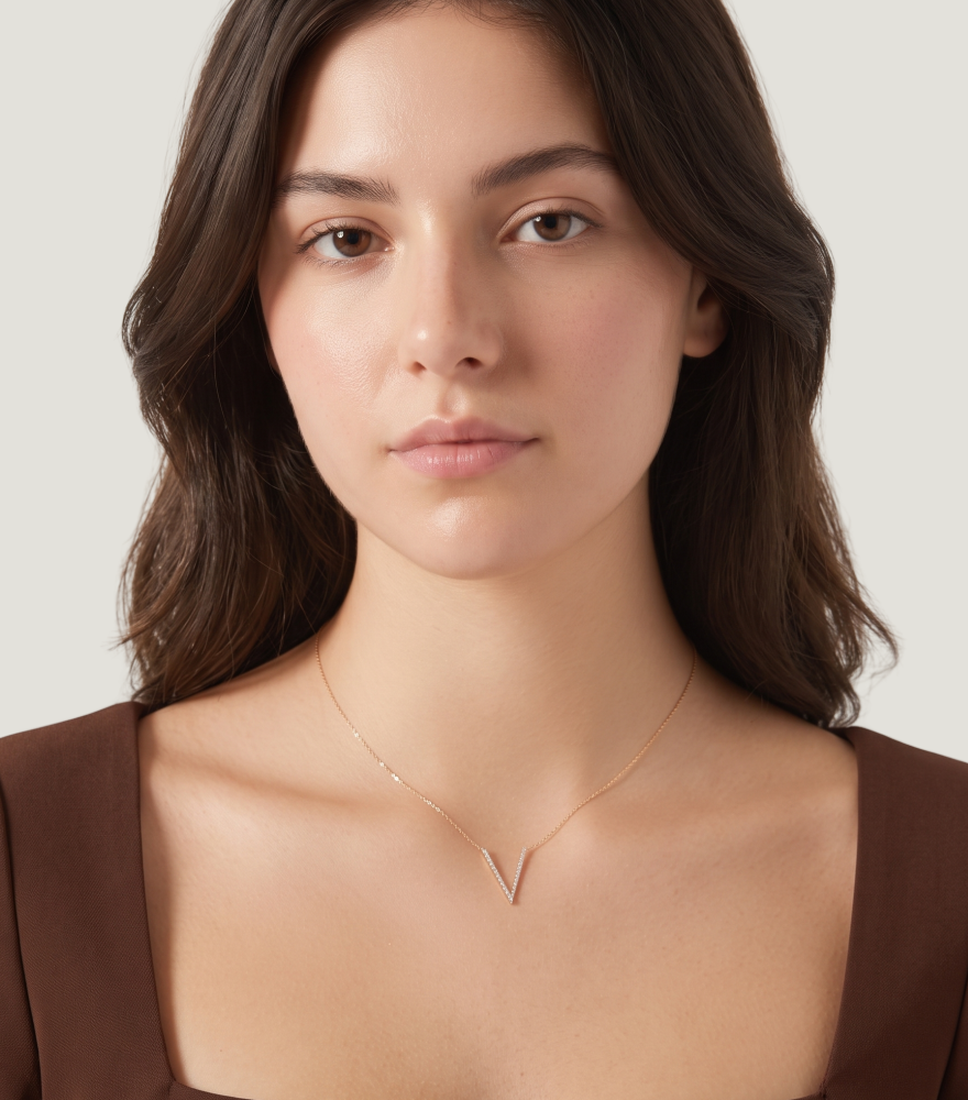 Alternate View of Model Wearing Valeria V Necklace in 18k Gold Comfort Fit Yellow with Hallmark Stamp 16 inches 1.3gms