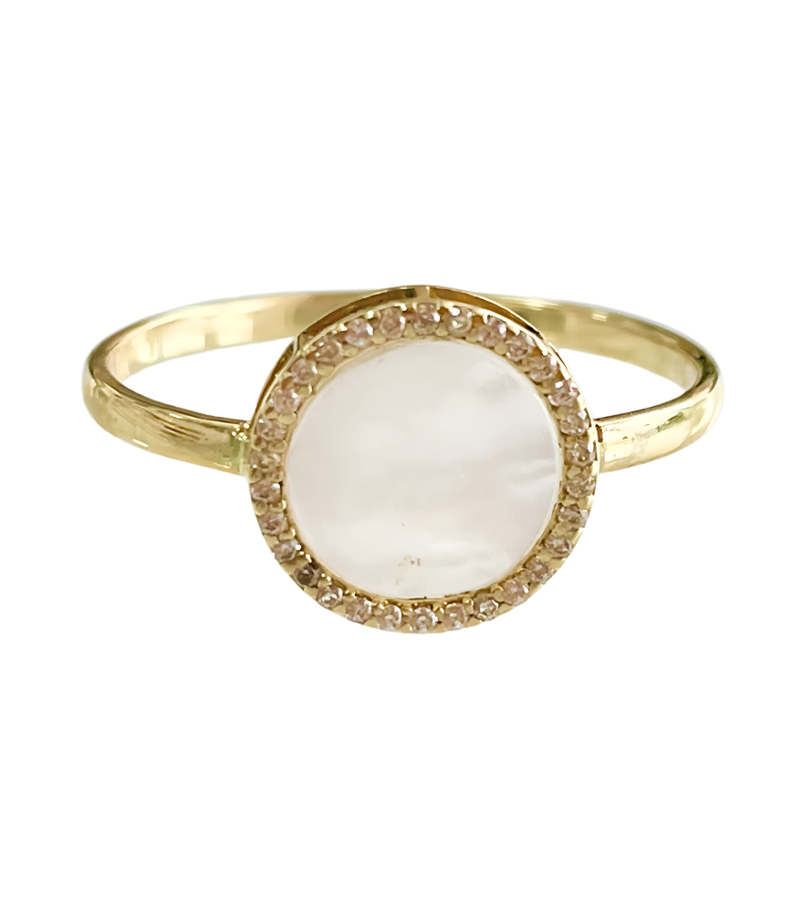 Front View of Zira Mother of Pearl Open Ring in Solid 18k Gold- Adjustable Fine Gold For Women Comfort Fit Yellow with Hallmark Stamp 1.4gms