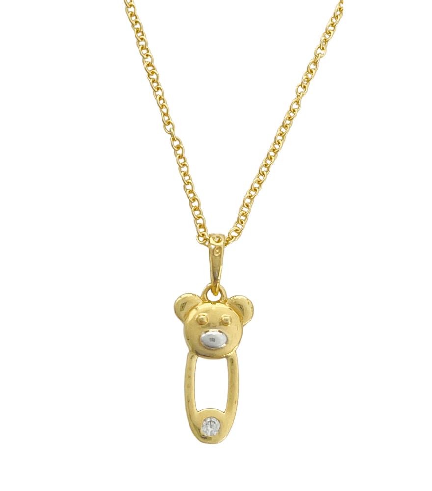Golden  Teddy Pin Charm Pendant Necklace in 18K Gold