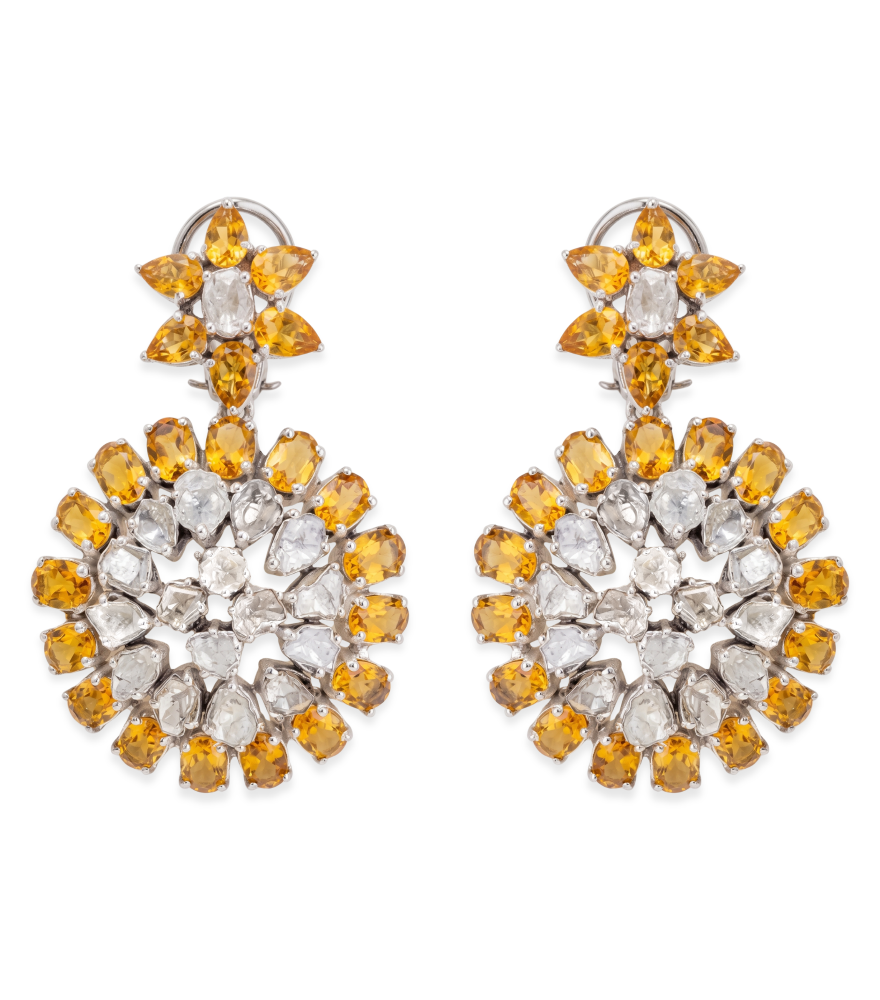 Front View of Kavya - Silver Earrings with Uncut Diamonds and Citrine Jewelry for Pierced Ears 925 Sterling One Size 31.63gms