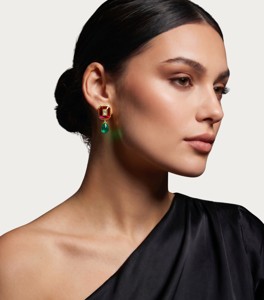 Alternate View of Model Wearing Vidhita Uncut Polki Diamond Earrings in 18k Gold Jewelry for Pierced Ears Yellow with Hallmark Stamp Metal One Size 9.3gms