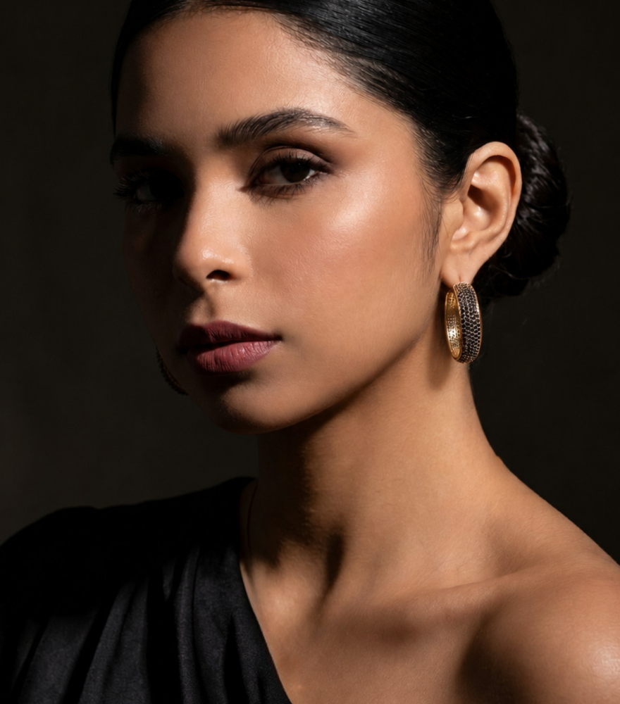 Alternate View of Model Wearing Pari Hoop Earrings - Sapphire Jewelry for Pierced Ears 18k Gold Plated 925 Sterling Silver One Size 20.8gms