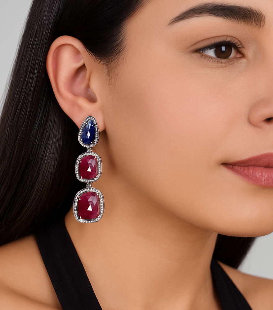 Vamika Gold-Plated Silver Earrings with Diamonds, Rubies & Sapphire