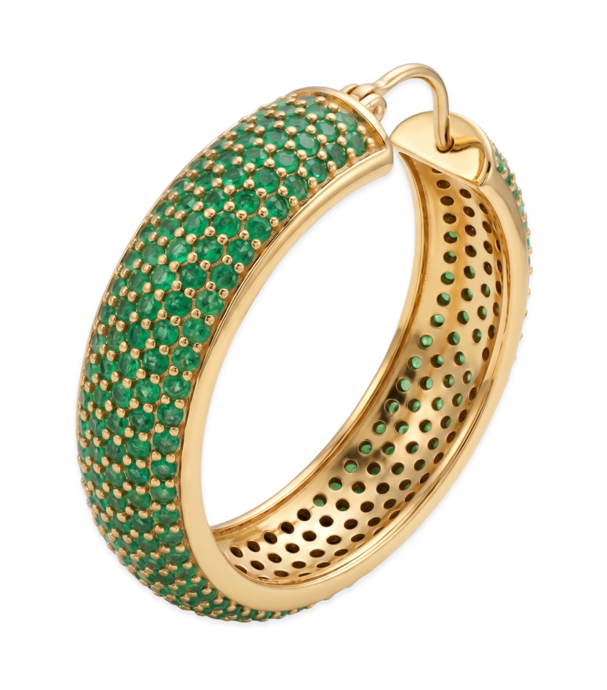 Closeup of Pari Hoop Earrings - Green Jewelry for Pierced Ears 18k Gold Plated 925 Sterling Silver One Size 19.3gms